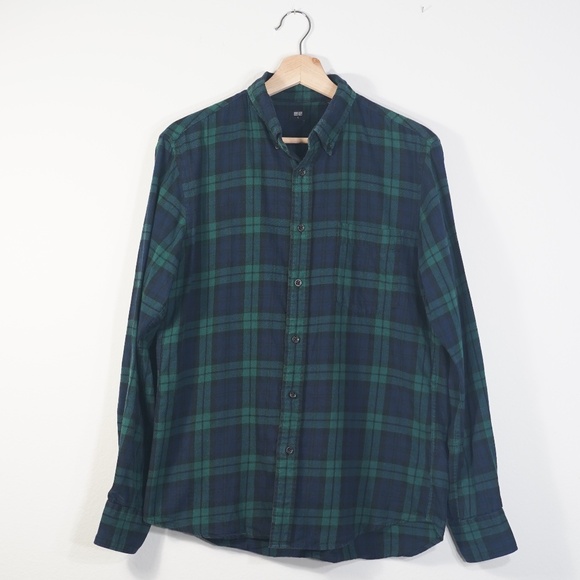 Uniqlo Classic Flannel Blue Green Checker Shirt - Picture 3 of 5